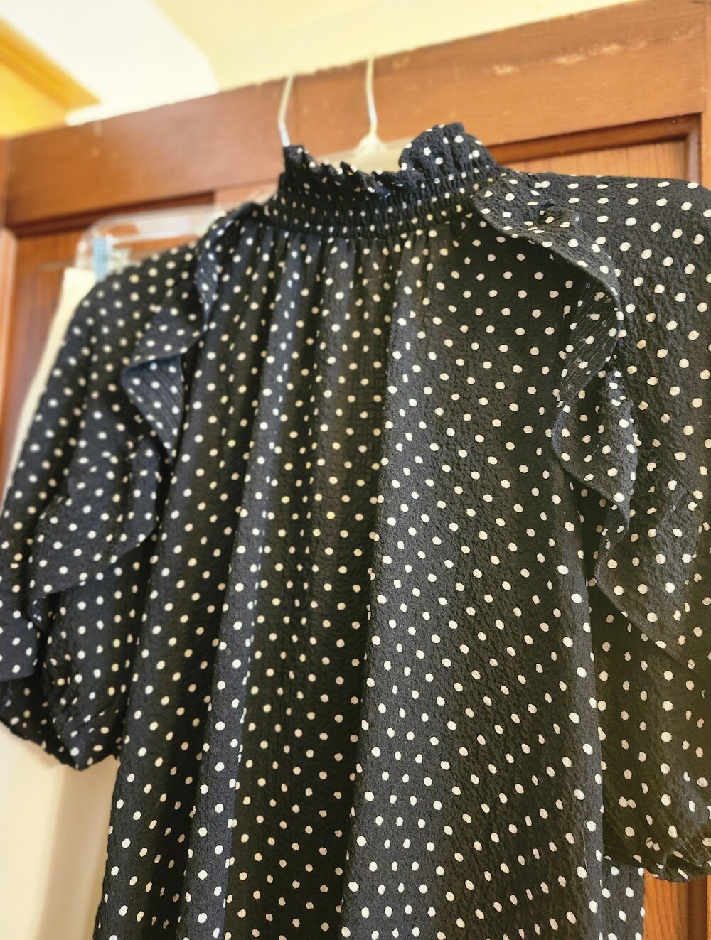 Sezane Black Polka Dot Ruffle Neck Blouse